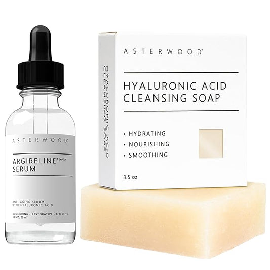 Asterwood Argireline Peptide Serum 1 oz + Hyaluronic Acid Cleansing Face Soap 3.5 oz
