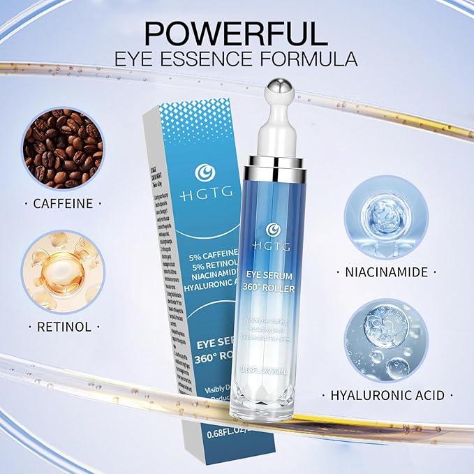 Eye Serum with 5% Caffeine & 5% Retinol for Dark Circles, Puffiness Puffy Bags & Wrinkles Fine Lines - Under Eye Cream Anti Aging Treatment with 360° Massage Roller Ball for Men & Women