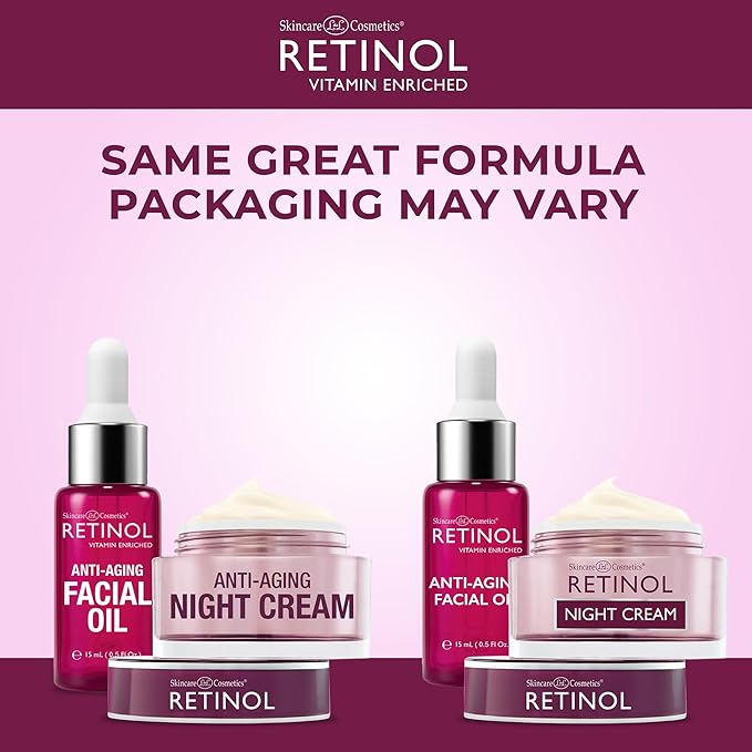 Retinol Night Cream – Works While You Sleep to Restore and Reduce Fine Lines and Wrinkles + Retinol Anti-Aging Facial Oil – With Nine Essential Oils, Restores Hydration and Nourishment