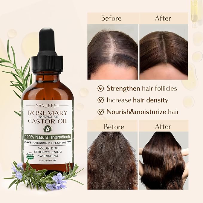 YANIBEST Organic Rosemary Essential Oil, Castor Oil, 100% Pure Natural Hair Oil for Strengthening Hair, Nourish and Repair Damaged Hair, Improve Scalp Health