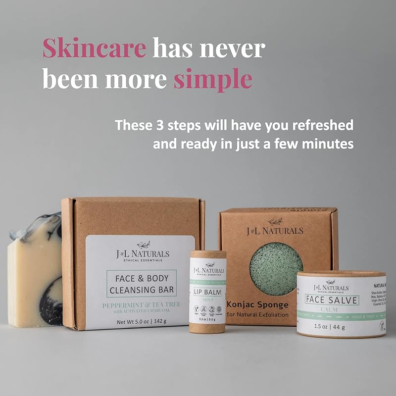 J&L Naturals Simple Skin Regimen Kit With Cleansing Bar, Face Salve, Konjac Sponge, Lip Balm | For Oily, Dry, Mature, and Combination Skin | Zero Waste (Calm (sensitive, acne-prone skin), Simple)