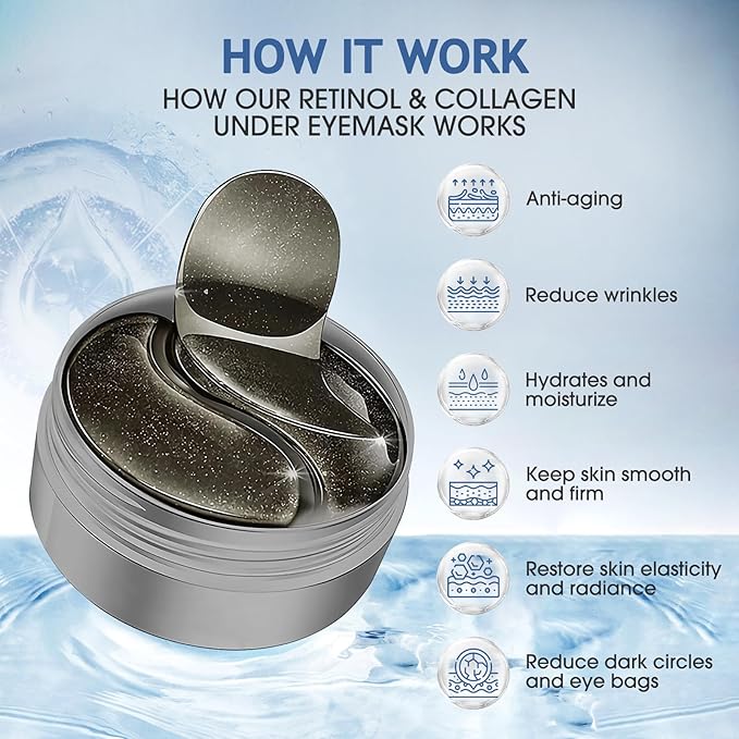 Under Eye Patches, 60 Pcs, Eye Mask for Puffy Eyes, Dark Circles, Eye Bags, Wrinkles, Collagen, Hyaluronic Acid, Castor Oil