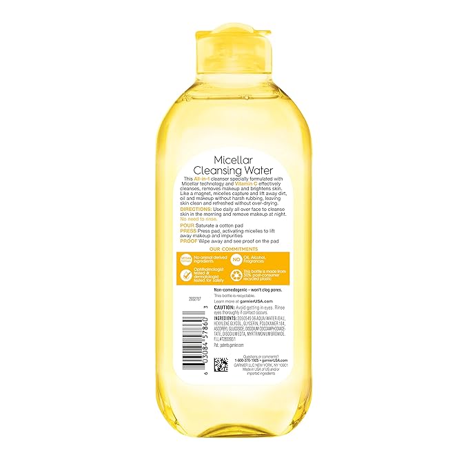 Garnier Micellar Water with Vitamin C, Facial Cleanser & Makeup Remover, Brightening & Hydrating, For All Skin Types, Vegan, Cruelty Free, 13.5 Fl Oz (400mL), 1 Count