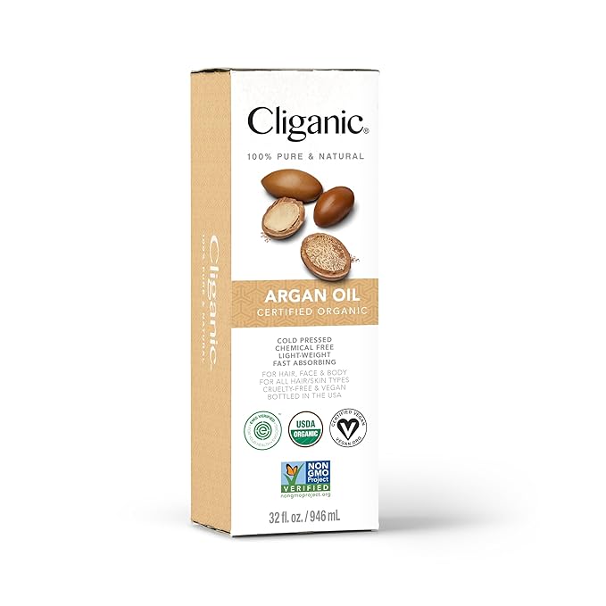 Cliganic Organic Argan Oil for Hair, Face & Skin (Bulk, 32oz with Pump) - 100% Pure, Cold Pressed