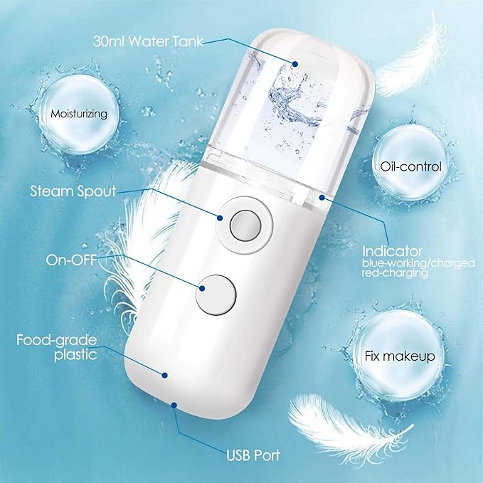 GIVERARE Nano Facial Steamer, Handy Mini Mister, USB Rechargeable Mist Sprayer, 30ml Visual Water Tank Moisturizing&Hydrating for Face, Daily Makeup, Skin Care, Eyelash Extensions-White