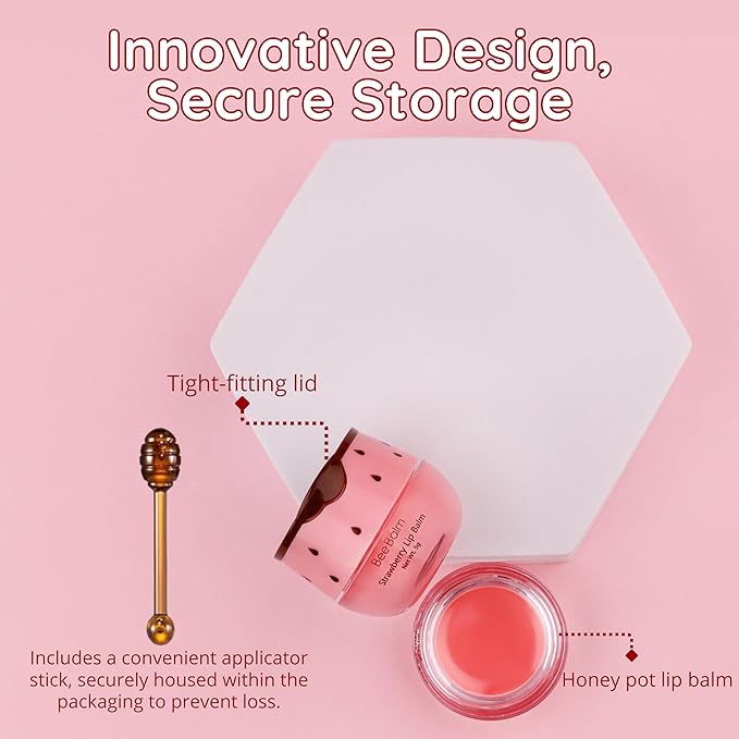 Original My Bee Balm Lip Balm - Strawberry Hydrating Balm Honey Pot for Dry, Chapped & Cracked Lips with Propolis, Honey & Vitamin E - Soften, Smooth & Reduce Lip Lines