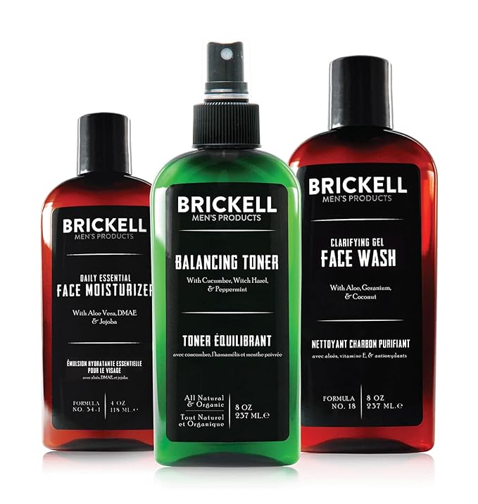 Brickell Men's Daily Face Cleanse Routine for Oily Skin, Alcohol Free Toner, Gel Facial Wash and Moisturizer, Natural and Organic, Unscented