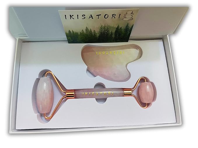 Rose Quartz Natural Stone Curved Facial Roller & Guasha Set - Jade Facial Massage and Face Sculpting Tool by Ikisatori (Rose Quartz)