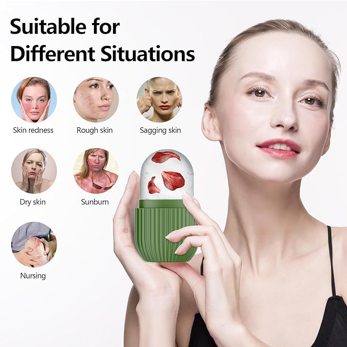 2pcs Ice Roller for Face and Eye, Silicone Ice Facial Roller Ice Holder, Face Ice Mold Skin Care, Face Icers Reusable Ice Cube Roller for Shrink Pores Anti Wrinkle Reduce Puffiness, Green Purple