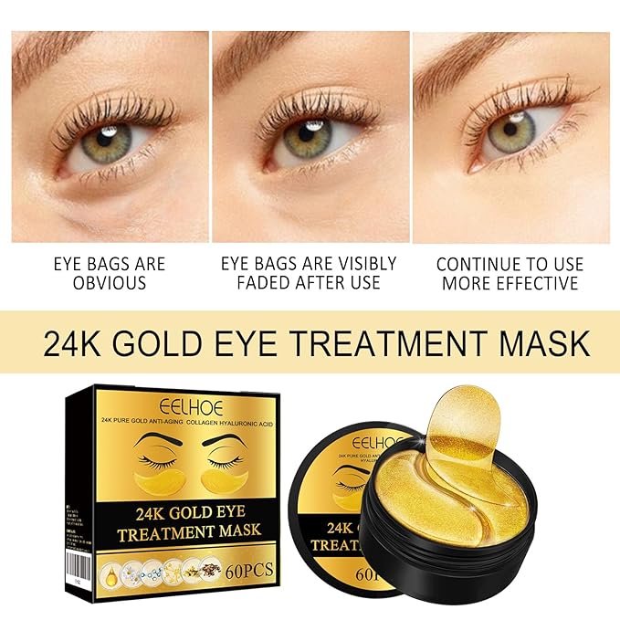 24K Gold Under Eye Patches - Hydrating Anti-Wrinkle Masks with Hyaluronic Acid, Vitamin C - Reduce Dark Circles, Puffiness - Firming, Brightening Treatment - 60PCS - All Skin Types