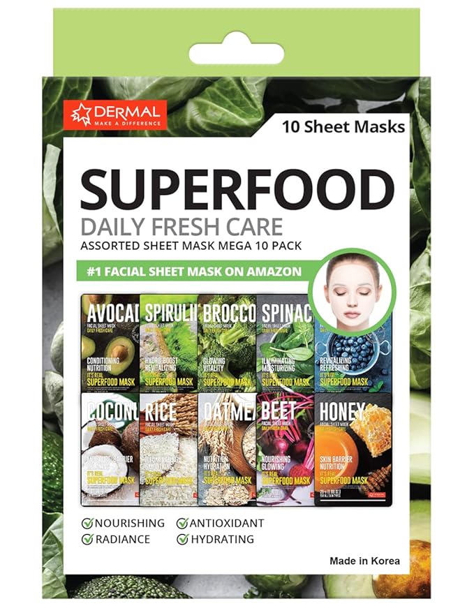 DERMAL Superfood Daily Fresh Care Assorted Sheet Mask Mega 10 Pack- Facial Sheet Mask for Glowing Refreshing Skin - Moisturizing Sheet Masks for All Skin Types' Face Enriched with Natural Ingredients