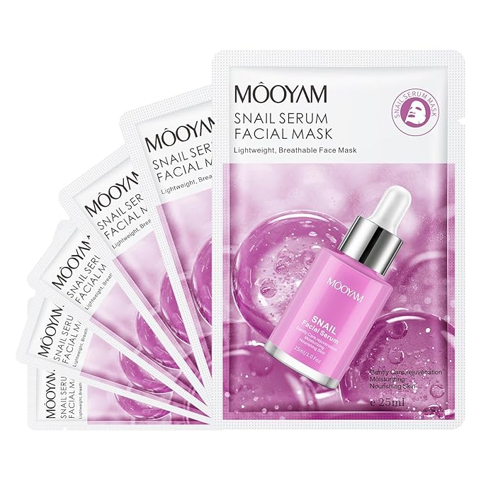 Face Masks Skincare, 6 Pack Snail Serum Sheet Masks - Hydrating & Smoothing, Moisturizing & Nourishing for All Skin Types