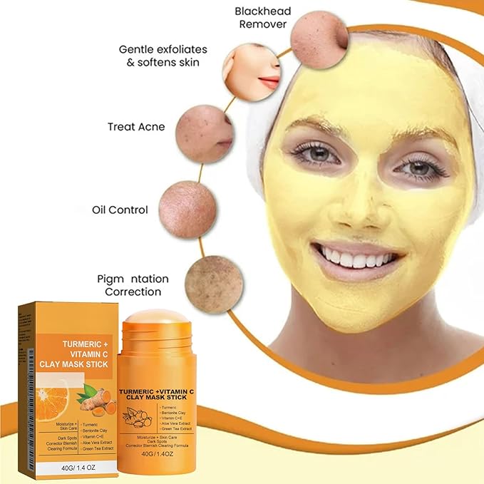 Turmeric Vitamin C Clay Mask Stick, Turmeric Clay Stick Mask with Vitamin C for Deep Clean Pore, Oil Control, Acne Blackhead Remover, Shrink Pores, Moisturize Skin and Balance Water and Oil