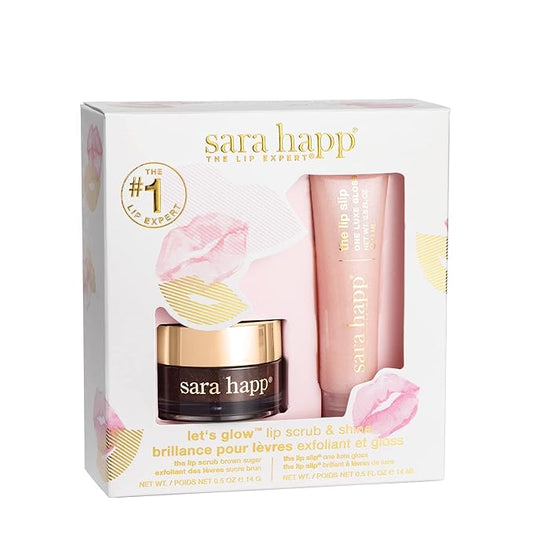Sara Happ Let's Glow Lip Scrub & Shine Kit: Brown Sugar Lip Scrub + The Lip Slip One Luxe Gloss for Healthy Lips: Gently Exfoliate, Nourish and Hydrate Lips, 0.5 oz