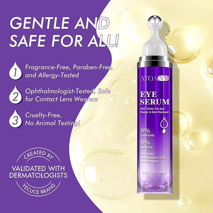 2 Packs Eye Serum for Dark Circles and Puffiness with 8% Caffeine 8% Retinol Hyaluronic Acid Niacinamide, Under Eye Cream Anti Aging for Puffiness and Bags with 360° Eye Roller Ball for Women & Men