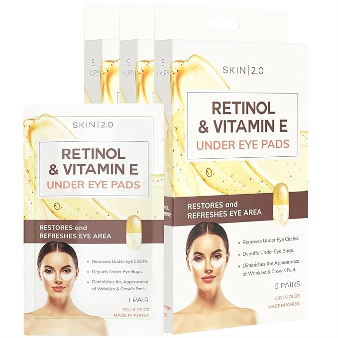 Retinol & Vitamin E Under Eye Patches - Dermatologist Tested - Anti-Aging - Depuffing, Reduce Fine Lines & Wrinkles, Dark Circles - Natural Ingredients - Korean Skin Care - All Skin Types - 15 Pairs