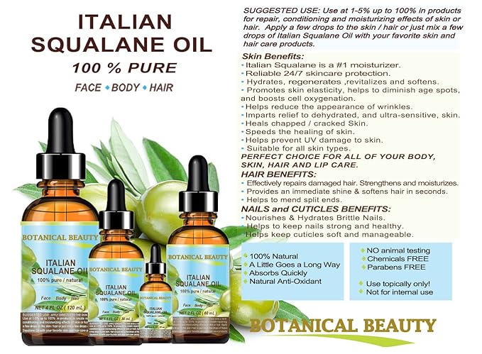 Botanical Beauty SQUALANE Italian Olive. 100% Pure/Natural/Undiluted Oil. 2 fl.oz- 60ml. 100% Ultra-Pure Moisturizer for Face, Body & Hair. Reliable 24/7 skincare protection