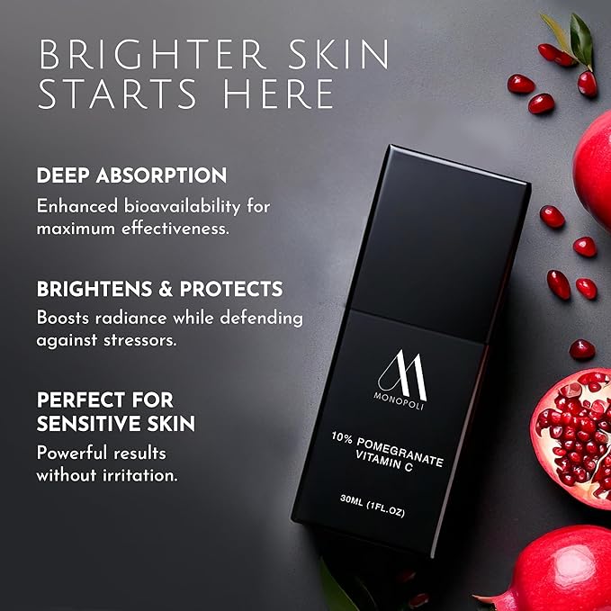 Monopoli Skin Pomegranate 10% Vitamin C Facial Serum | Boost Skin Hydration & Vitality | Fermented Pomegranate for Deep Penetration | Great for Women and Teens | Single 30ml