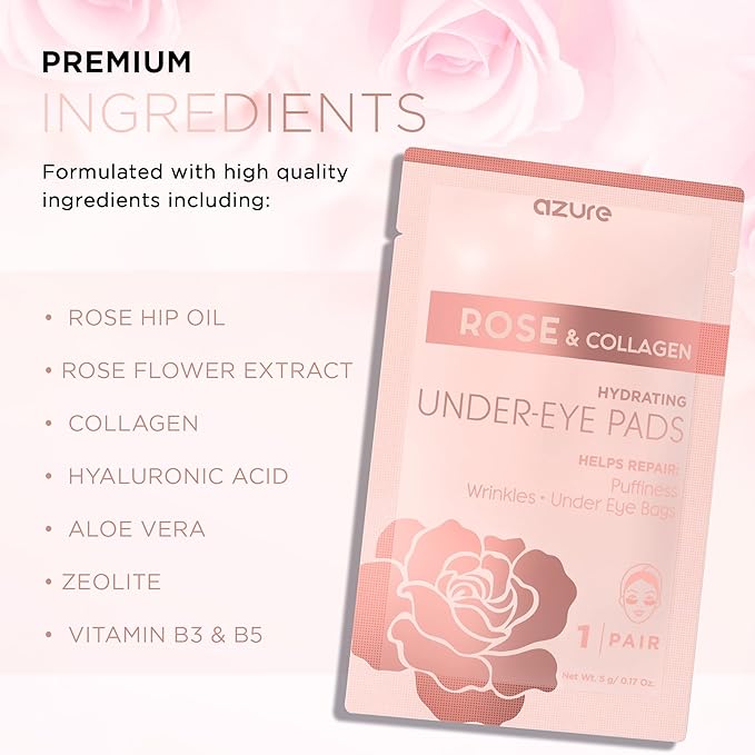 Azure Cosmetics Rose & Collagen Hydrating Under Eye Pads - Anti Aging, Revitalizing & Moisturizing Eye Mask Patches - Reduces Fine Lines, Wrinkles, Dark Circles & Puffiness - Made in Korea - 5 Pairs
