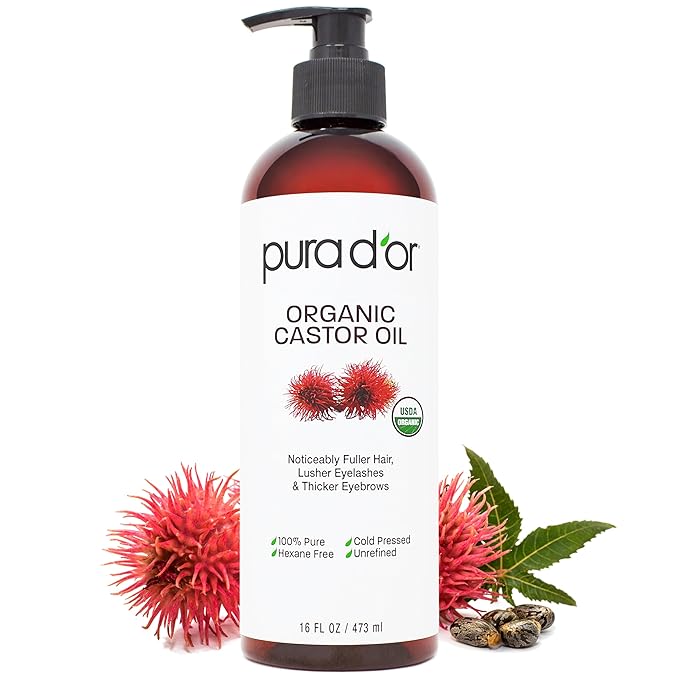 PURA D'OR 16 Oz ORGANIC Castor Oil - 100% Pure USDA Certified Cold Pressed, Hexane Free Eyelash & Eyebrow Serum - For Fuller, Thicker Lashes & Brows - Skin & Hair Moisturizer - Bulk Size