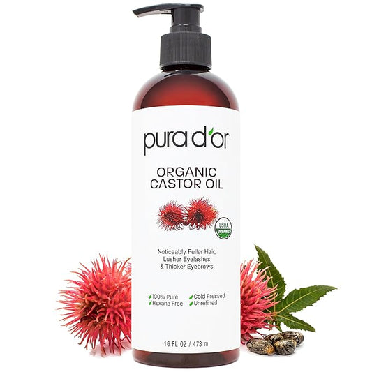 PURA D'OR 16 Oz ORGANIC Castor Oil - 100% Pure USDA Certified Cold Pressed, Hexane Free Eyelash & Eyebrow Serum - For Fuller, Thicker Lashes & Brows - Skin & Hair Moisturizer - Bulk Size