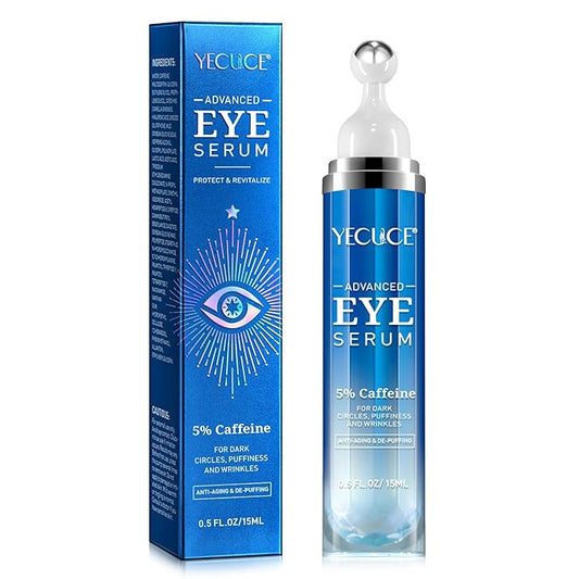 Eye Serum for Dark Circles and Puffiness, Under Eye Serum with 5% Caffeine Anti Aging Smooths fine lines and wrinkle appearance, Eye Cream with 360° Eye Roller Massage Ball