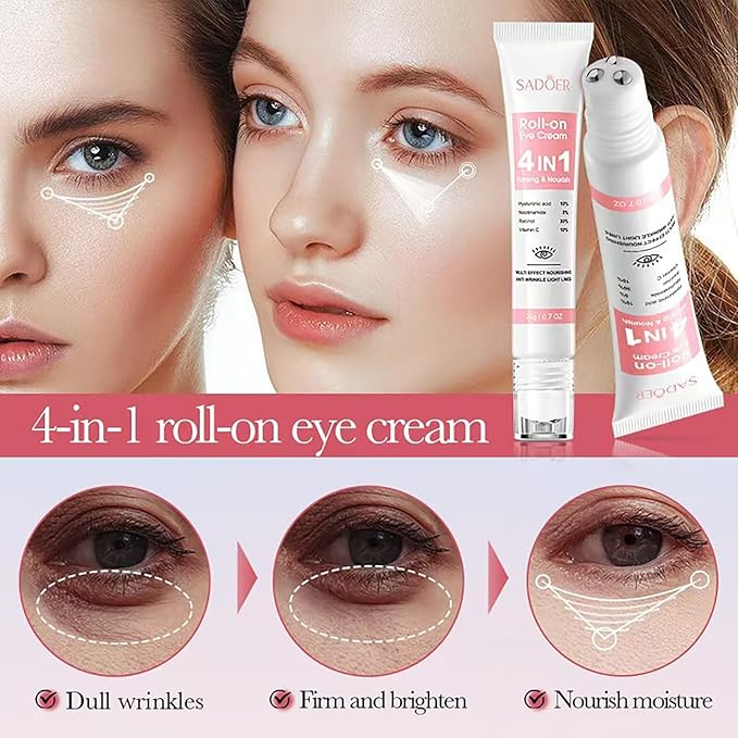 Eye Cream with 30% Retinol, 10% Hyaluronic Acid, 5% Nicotinamide, 10% Vitamin C for Puffy Bags Fine Lines Dark Circles Wrinkles, Under Eye Cream with 360° Roller Massage Ball, 0.7 fl. oz