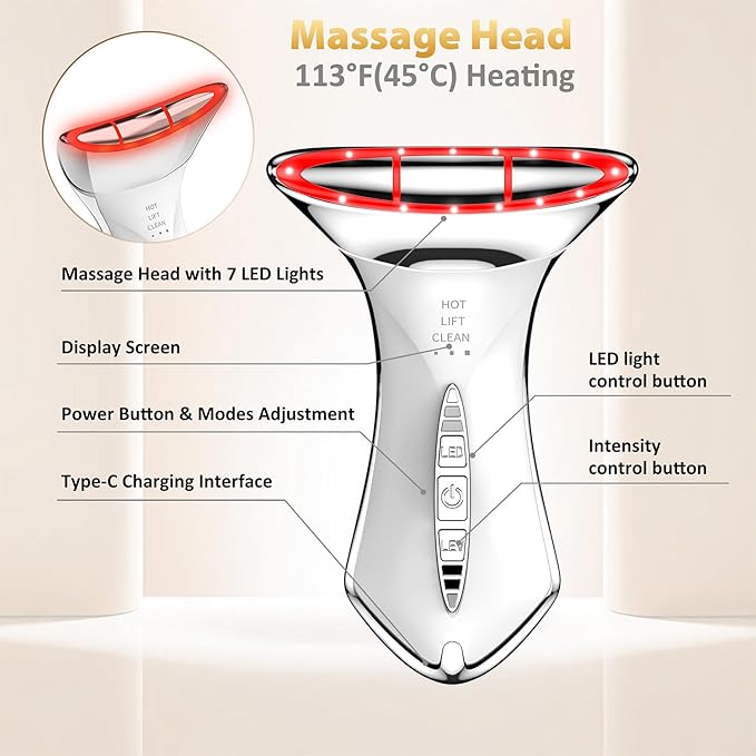 Neck and Face Sculptor with 7-in-1 Led for Skin Care,Water Resistant True Beauty Glow Facial Massager (White)