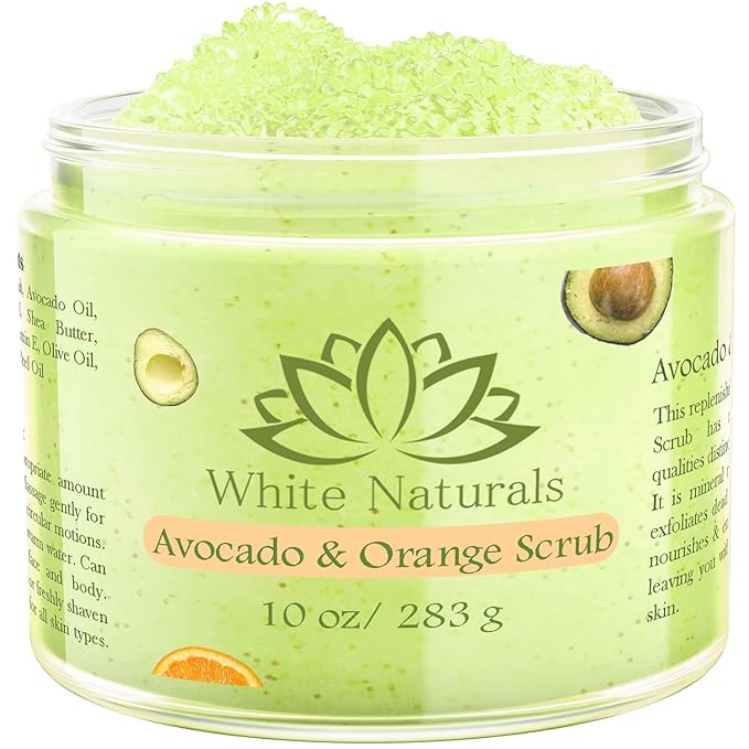 Organic Avocado & Orange Body Scrub Moisturize & Soften Skin, Pure Natural Skincare Exfoliator, Shower Salt Scrub For Exfoliating Dead Skin cells, Body Scrubber & Face Cleanse with Essential Oils