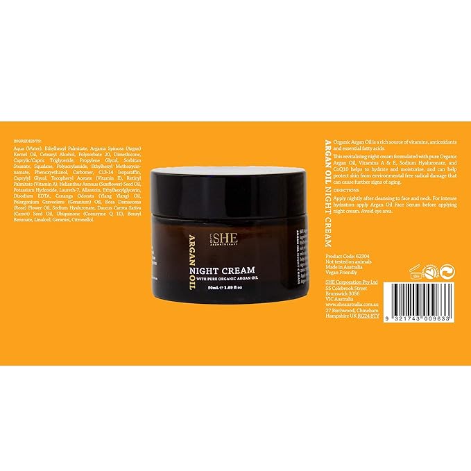 SHE Aromatherapy Argan Oil Night Cream 1.69fl oz - Nourishing and Hydrating, Smooths, Soothes and Softens, Organic Argan Oil, Vitamin E. Australian Made.