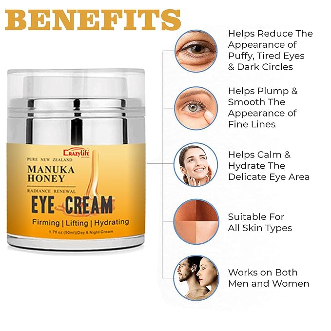 Manuka Honey Eye Cream Anti-aging Eye Cream Anti-wrinkle Under Eye Cream Fades Fine Lines Lifting and Firming Improve Dark Circles and Puffiness