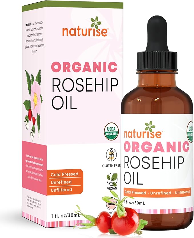 Organic Rosehip Seed Oil for Face, 100% Pure, Natural Cold Pressed Rose Hip Oil for Skin, Hair, Nails and Body Care (1 FL. OZ.)