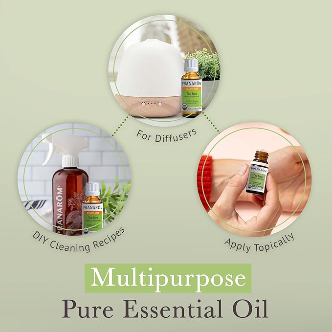 Pranarom USDA Certified Organic Tea Tree Essential Oil (30ml), 100% Pure Undiluted Therapeutic Grade from Zimbabwe for Aromatherapy, Diffuser, Healthy Skin & Hair, Massage, Relaxation