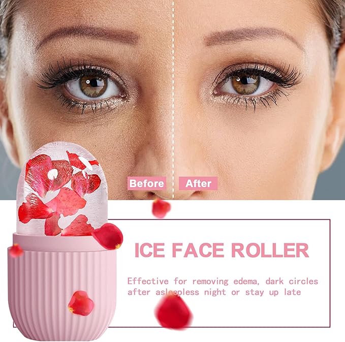 XHJRI Ice Face Roller Massager,Ice Cube Roller for Face, Eyes and Neck Naturally Conditioning and Skin Care,De-Puff Eye Bags,Reduce Migraine Pain,Reusable Massage Silicone Ice Mold (Pink White)