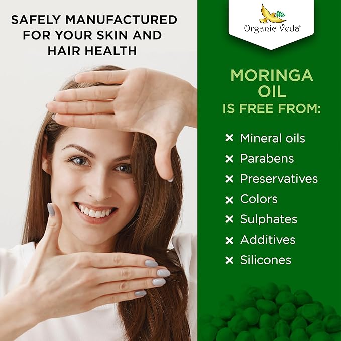 Organic Veda Moringa Oil Virgin 100% Pure & USDA Organic - Multi Purpose, Face, Hair & Skin, Nails, Fast Absorbing, Moisturizing & Beautifying - The Miracle Tree Moringa Oleifera Seed Oil, 3.4 fl.oz