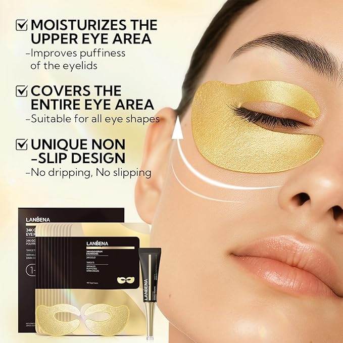 LANBENA Full-Around 24K Gold Eye Patches, Rapid Reduction Eye Essence, Visibly Reduces Under EyeBags, PuffyEyes, Wrinkles, Dark Circles, Fine Lines, EyeSkin Care Treatment Set (6 Pairs, 0.27 FL.OZ)
