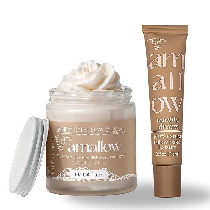 100% Grass Fed Beef Tallow Skincare & Lip Balm Set - Whipped Moisturizer for Face & Body (Vanilla Latte) + All Natural Tallow Lip Balm (Vanilla Dream)