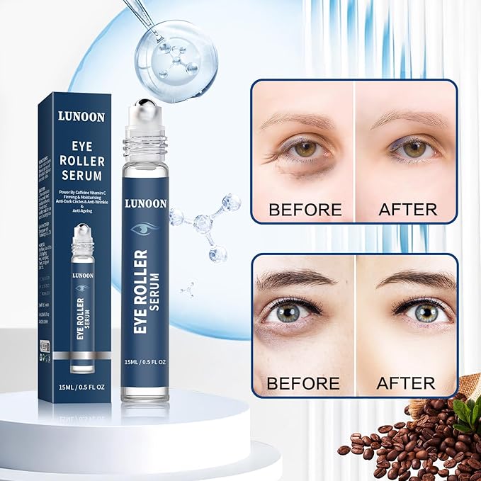 Caffeine Eye Serum for Dark Circles, 3 PCS Under Eye Ice Roller Serum for Anti Aging, Puffiness, Fine Lines, Wrinkles, Care Under Bags Eyes Cream with 360°Massage Roller-Ball