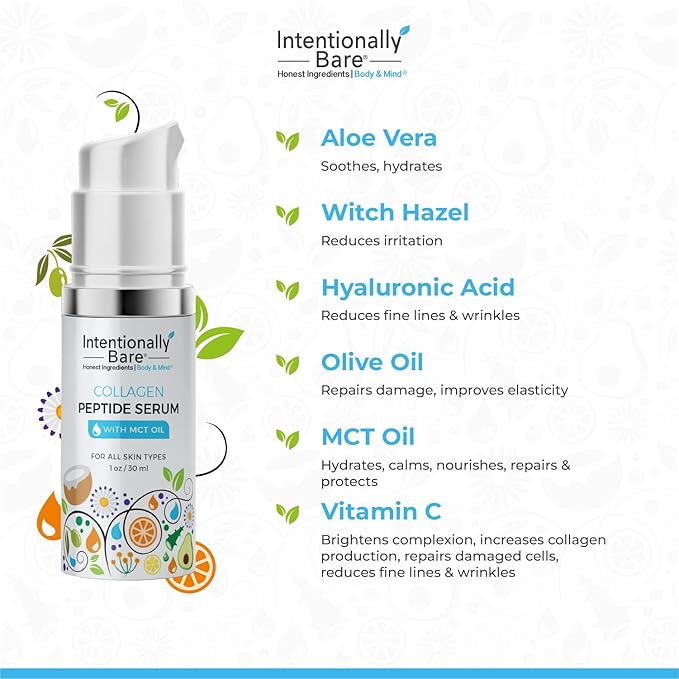 Intentionally Bare Collagen Serum for Face with MCT Oil - Collagen Peptide with Hyaluronic Acid for Fine Lines - Glow & Anti Aging Peptide Serum for All Skin Types - Firming Solution for Women - 1oz