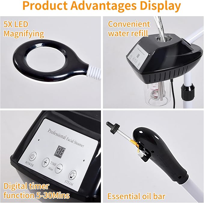 Professional Facial Steamer, 2 in 1 Facial Steamer on Wheels with 5X Magnifying Lamp, Ozone Facial Steamers Adjustable Height, Steamer for Facial for Salon, Spa and at Home Use