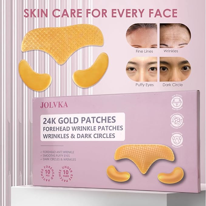 10PCS 24K Gold Forehead Anti Wrinkle Patches & 10Pair 24K Gold Eye Masks, Anti Wrinkle Patches with Collagen, Forehead Wrinkle Patches T-Zone Patch,Collagen Eye Patches for Puffiness and Dark Circles