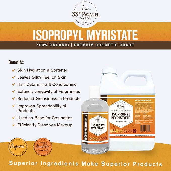 ISOPROPYL MYRISTATE (8 oz) Natural Plant Derived Cosmetic Grade IPM for Soap Making, Fragrances, Shampoo, Creams & Lotion, Makeup & Adhesive Remover, Antiperspirants & Deodorants | 8 Ounces