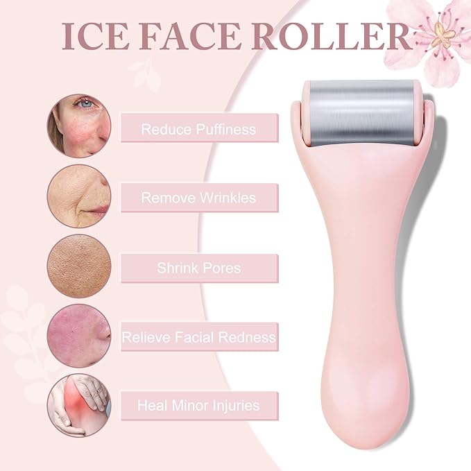 Ice Roller for Face and Eye 2 Pcs,Face Roller Skin Care for Puffiness,Migraine,Pain Relief,Eye Roller For Puffy Eyes Dark Circles,Stainless Steel Facial Roller (Pink)