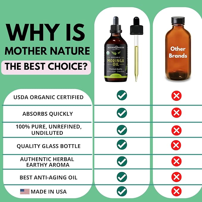 Moringa Oil - USDA Certified Organic, 100% Pure, Cold Pressed & Unrefined Gluten Free Oil (2oz) - Natural Moisturizer for Skin, Face, Body & Hair - Non-GMO & Vegan