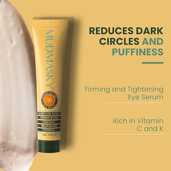 MUDMASKY Vitamin-Infused Eye Serum 30ml / 1.0 FL. OZ. - Skin Care Serum with Vitamin C & K, Reduces Dark Circles, Firms, Moisturizes, Hydrates, Restores Youthful Skin, Eye Care for All Skin Types