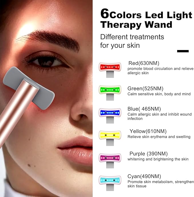 Red Light Therapy for Face, 6 in 1 LED Light Therapy Eye Equipment for Skin,Face Wand with Facial Massager, Skincare Facial Wand,Vibration, Thermal, Microcurrent，Portable Beauty Tools