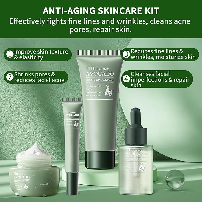 Avocado Skin Care Set, Skincare Gifts Kits For Hydrating Skin, Facial Kit For Women With Facial Cleanser, Serum, Face Cream, Eye Cream, Travel Skincare Set.(4 Pieces)