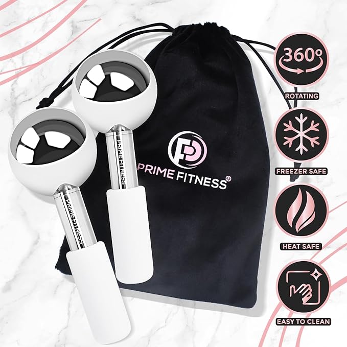 PRIME Fitness Ice Globes for Facials | Unbreakable Steel Cooling Roller | Cryo Sticks for Face | Massager for Face Neck & Eyes | Skin Care for Dark Circles, Puffiness, Wrinkles, (360 Rotating)