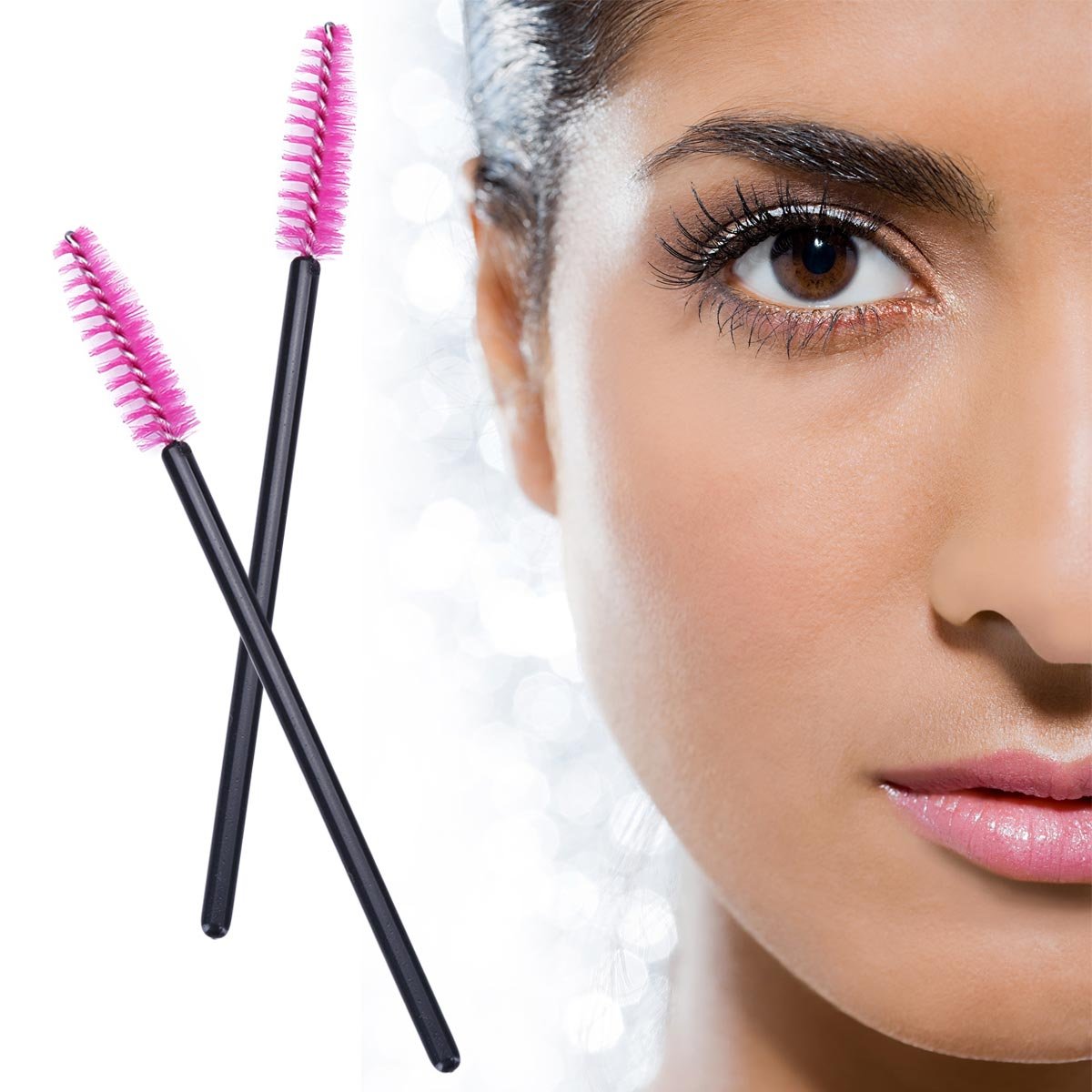 BTYMS 100 Pcs Disposable Eyelash Brush Mascara Applicator Lash Wand Eyebrow Spoolie for Extension - Pink