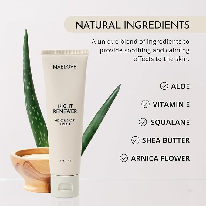 MAELOVE Night Renewer, Glycolic Acid Cream, Anti-Aging, Unscented AHA Exfoliating Night Cream, Gentle for Sensitive Skin, Researched & Manufactured in USA, Gluten-Free, 2.0 fl oz